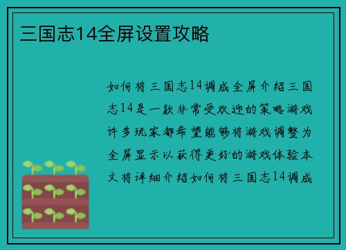 三国志14全屏设置攻略